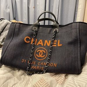 chanel deauville large navy Denim shopping bag